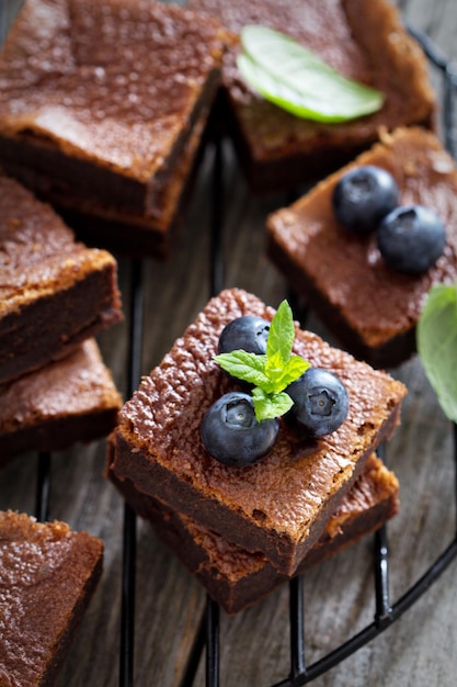 Stacked brownies with a cup of tea