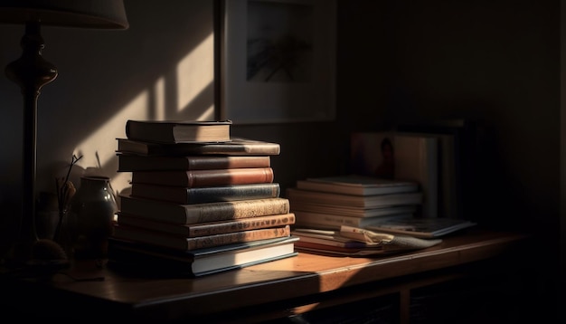 Foto gratuita pile di vecchia letteratura su scaffali di legno generati dall'intelligenza artificiale