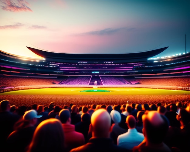 A stadium with a purple roof and lights that says the world cup on it