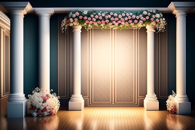 A stage with columns and flowers in the center