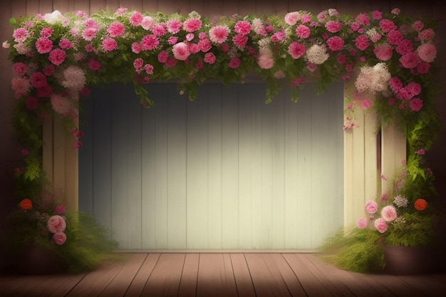 ピンクの花を背景にしたステージ