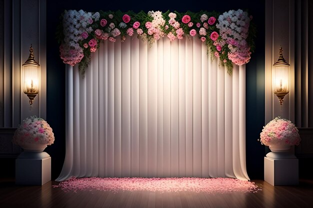 「ピンクと白」と書かれた白い幕が張られたステージ。
