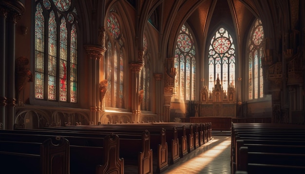 Free photo stained glass illuminates ancient chapel gothic architecture generated by ai