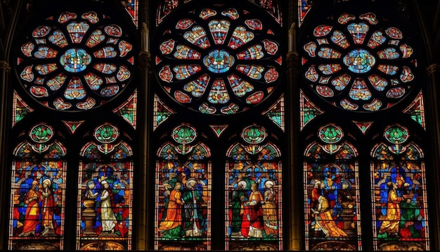 ステンド グラスの窓は、AI によって生成された宗教的な聖人の祈りを描いています