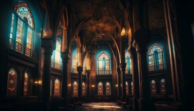 Free photo stained glass window illuminates ancient gothic architecture generated by ai