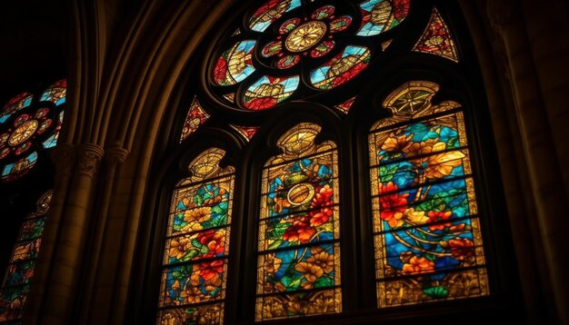 Stained glass window illuminates ancient Gothic chapel generated by AI