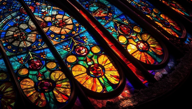 Free photo stained glass windows illuminate ancient cathedral spirituality generated by ai