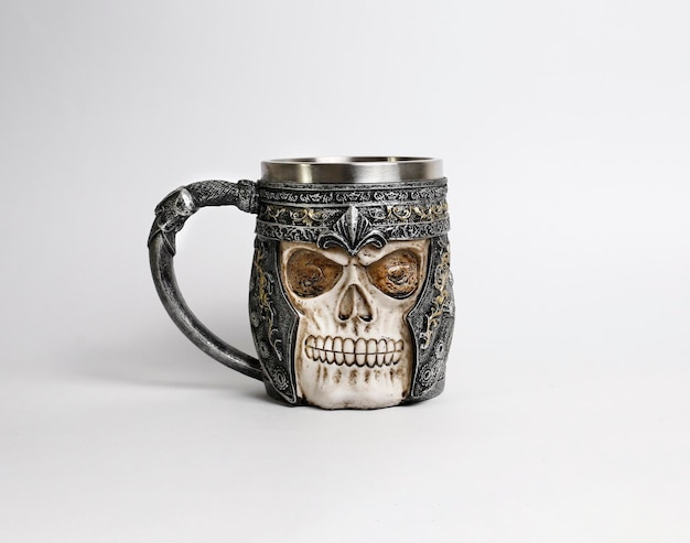 Stainless Steel Skull Beer Mug with the image of a skull in a helmet on white background