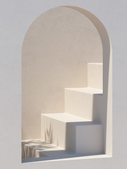 製品プレゼンテーションの3dレンダリングのための階段とアーチのアーキテクチャと自然光の背景