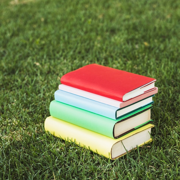 Staked colorful books on green lawn in park