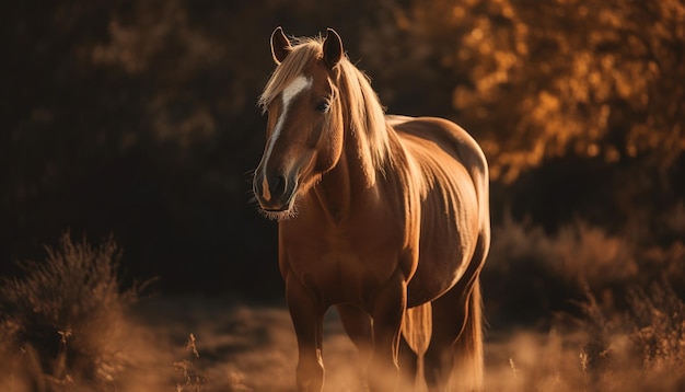 Free photo stallion grazes in tranquil meadow at sunset generated by ai