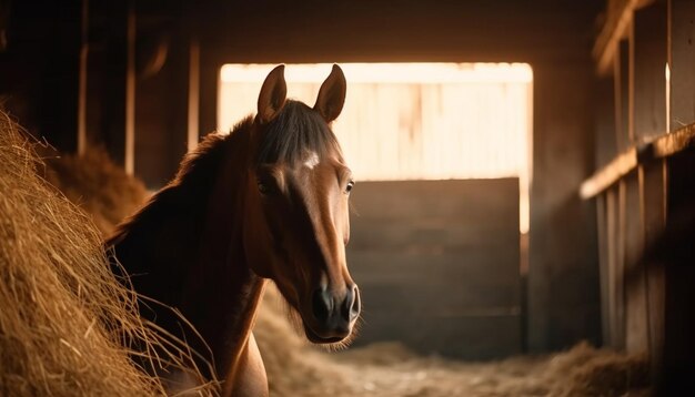 AI によって生成された日没時に静かな牧草地で草を食む種牡馬