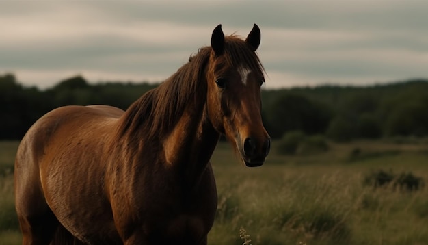 Free photo stallion grazes in tranquil meadow at sunset surrounded by beauty generated by ai