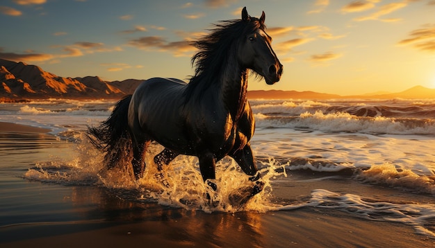 Foto gratuita la criniera dello stallone ondeggia nella bellezza della natura al tramonto scatenata generata dall'intelligenza artificiale