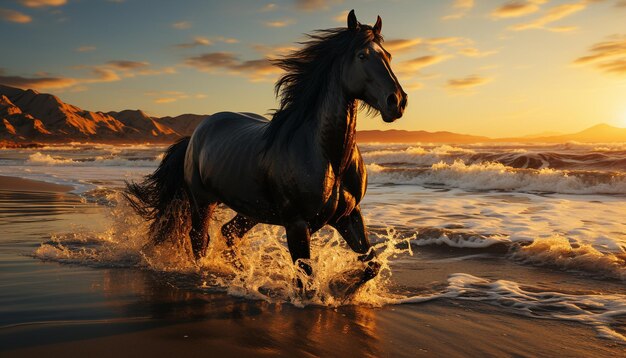 Stallion mane waves in sunset nature beauty unleashed generated by artificial intelligence