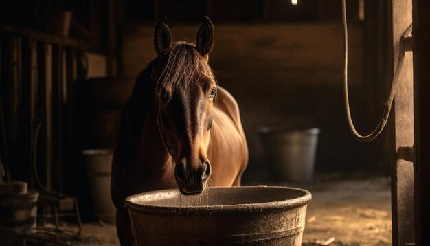 Stallion standing in rustic barn close up portrait generated by AI