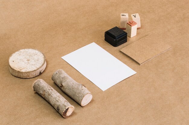 Stamps and paper near wood