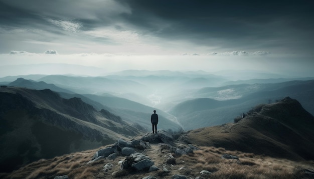 Foto gratuita in piedi in cima alla vetta di una montagna, il risultato di una persona generato dall'intelligenza artificiale