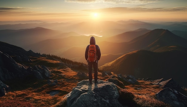 Standing backpacker on mountain peak achieving success generated by AI