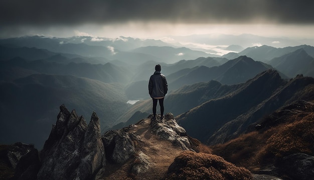 Foto gratuita in piedi sulla cima di una montagna conquistando terreni estremi generati dall'intelligenza artificiale