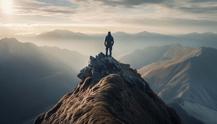Free Photo standing on top of mountain peak success achieved generated by ai