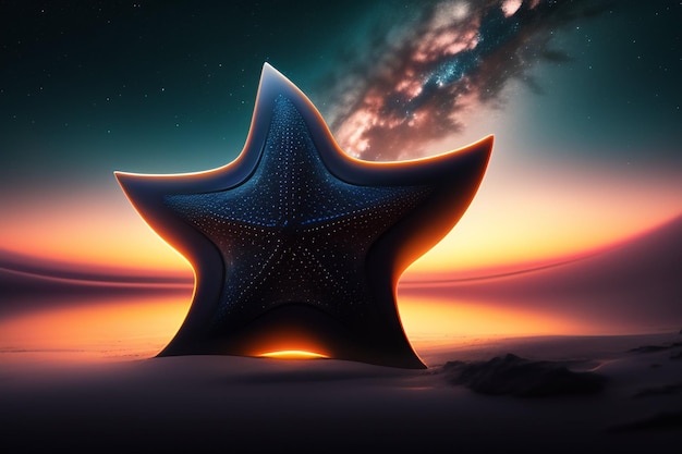 A star on the beach with a sunset in the background