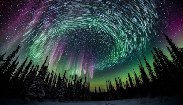 Бесплатное фото Звездная тропа освещает величественную гору в глубоком зимнем пейзажном приключении, созданном искусственным интеллектом