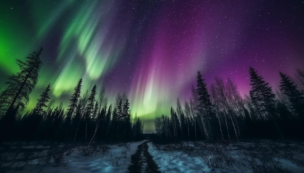 AI によって生成された北極の森の雄大な冬の風景を照らすスター トレイル
