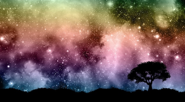 Starfield night sky with tree silhouettes