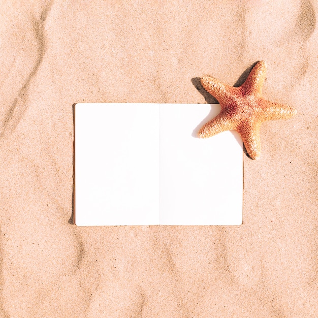 Starfish on sand background with blank notebook