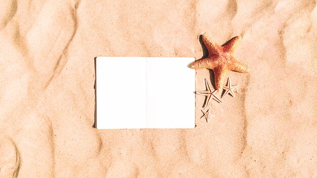 Starfish on sand background with blank notebook