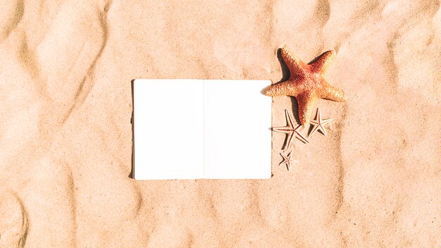Морская звезда на песке фоне с пустой блокнот