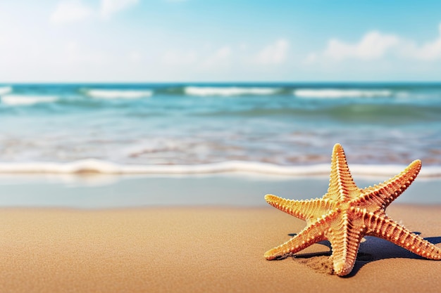 Free photo starfish on the sand with a paradise beach in the background copy space summer concept ai generative