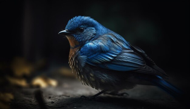 Starling perched on branch looking into forest generated by AI