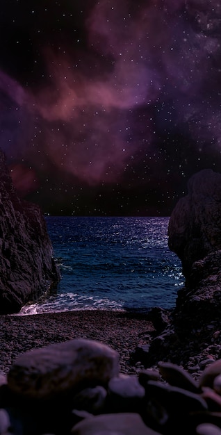 Foto gratuita cielo stellato della spiaggia di notte disegno collage