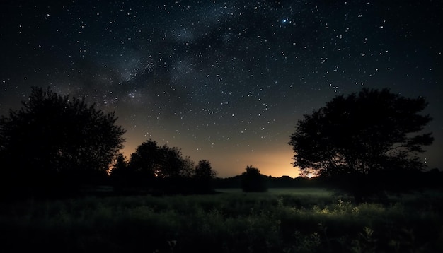 Звездное небо освещает горный силуэт в спокойной природе, созданной ИИ