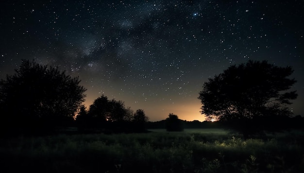 Starry sky illuminates mountain silhouette in tranquil nature generated by AI