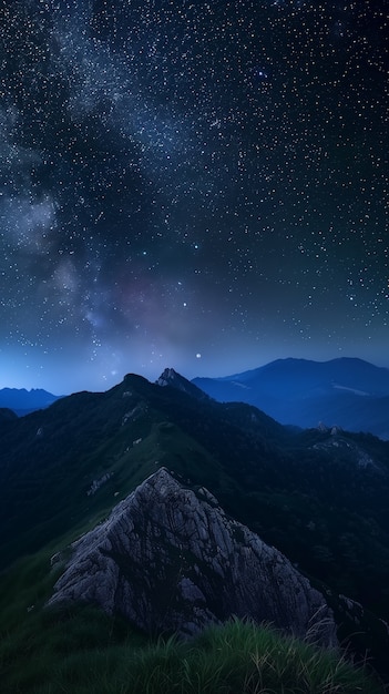 Free photo starry sky at night with landscape of mountains