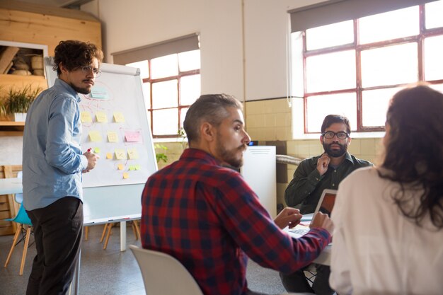 Startup team meeting and discussing ideas in boardroom