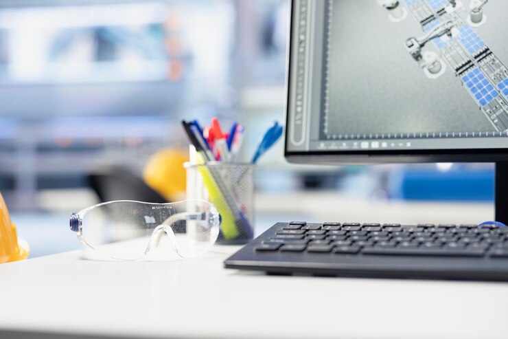 Free Photo stationary items on photovoltaics factory engineering workspace desk