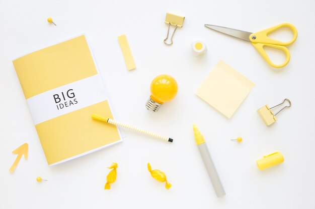 Stationeries, bulb, and candies with big ideas diary