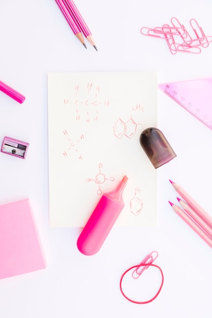 Free photo stationery around chemical formulas and marker pen