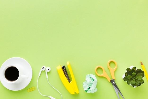 Stationery and coffee top view