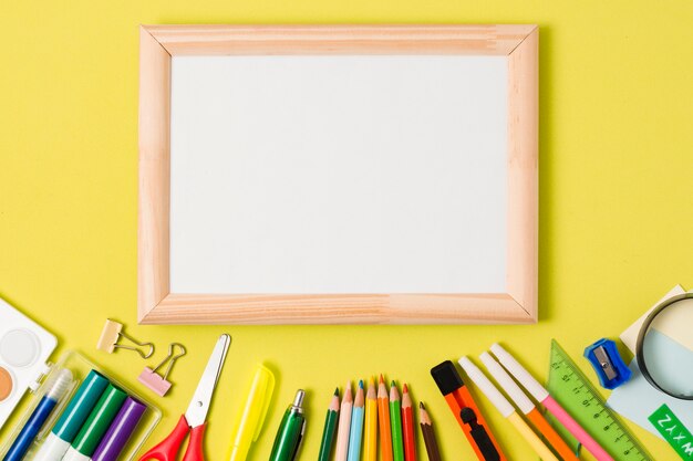 Stationery school supplies with framed copy space