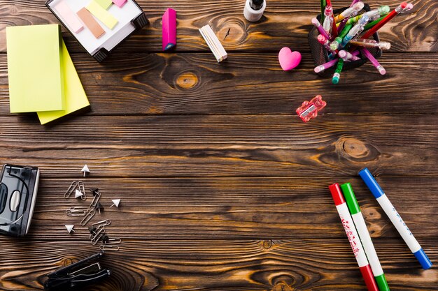 Stationery on wooden tabletop