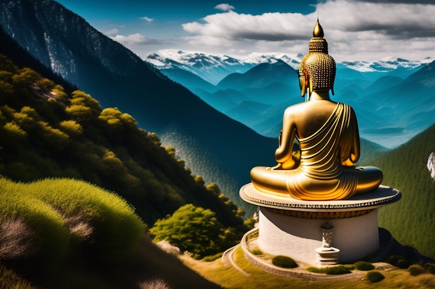 Free photo a statue of buddha in front of a mountain