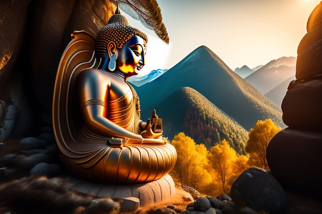 Free photo a statue of buddha in front of a mountain