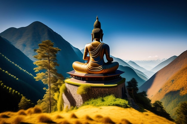 A statue of buddha in front of a mountain