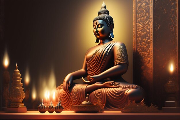 A statue of buddha sits in front of a lit candle