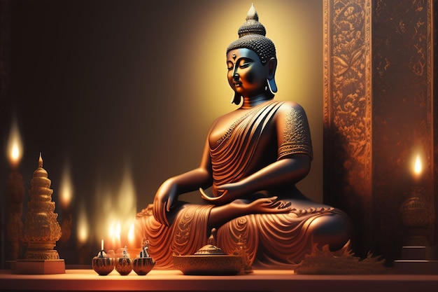 A statue of buddha sits in front of a lit candle